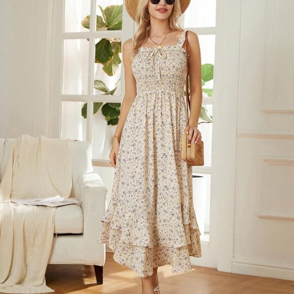 Women's 2025 Summer Floral Boho Dress Square Neck Strapped Swing A Line Sundress - Picture 7 of 8